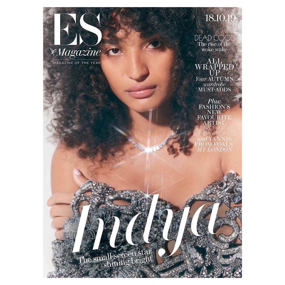 Close-up magazine cover portrait of Indya Moore wearing a sparkling embellished garment and diamond necklace by Nagi Sakai