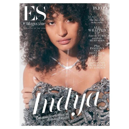 Close-up magazine cover portrait of Indya Moore wearing a sparkling embellished garment and diamond necklace by Nagi Sakai
