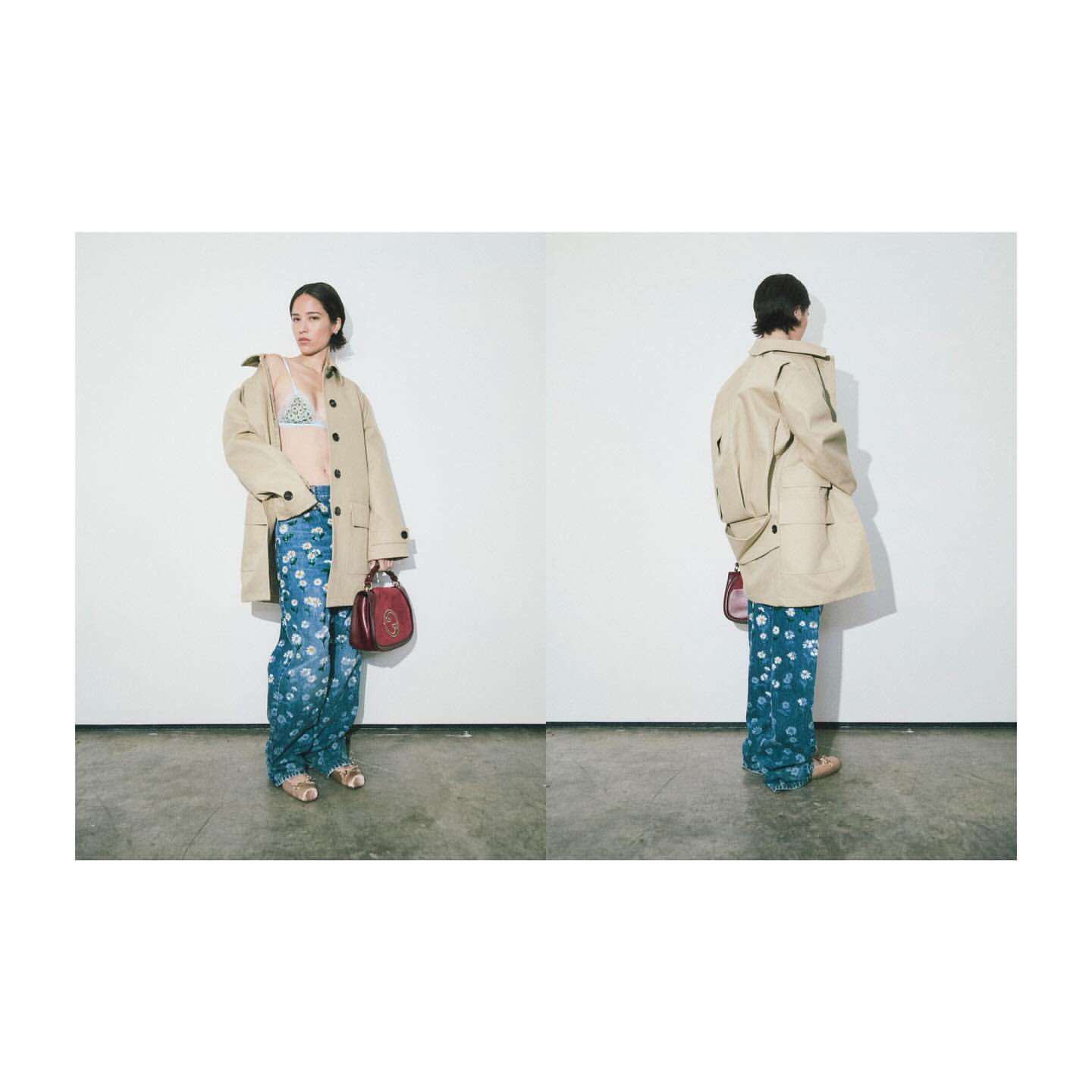 A woman poses in a beige jacket and floral pants, holding a red handbag, presented in a side-by-side studio shot.