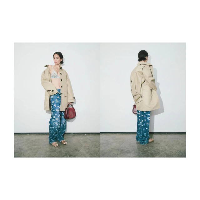 A woman poses in a beige jacket and floral pants, holding a red handbag, presented in a side-by-side studio shot.