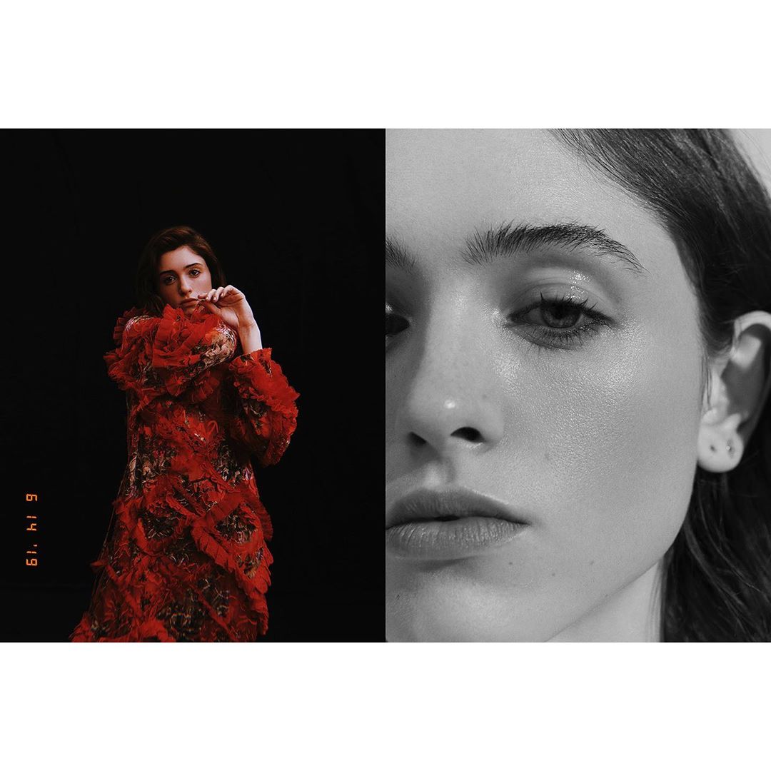 Studio portrait showcases a woman in a red ruffled dress against black backdrop, alongside a close-up of a woman's face in black and white.