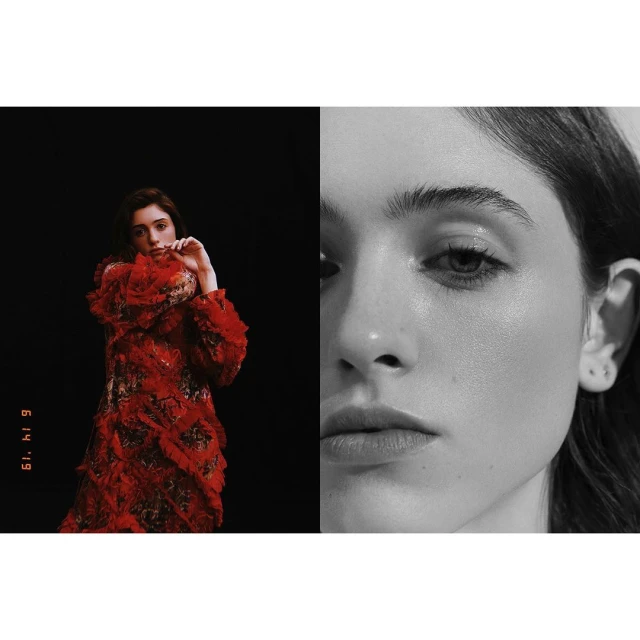 Studio portrait showcases a woman in a red ruffled dress against black backdrop, alongside a close-up of a woman's face in black and white.
