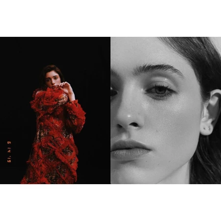 Studio portrait showcases a woman in a red ruffled dress against black backdrop, alongside a close-up of a woman's face in black and white.