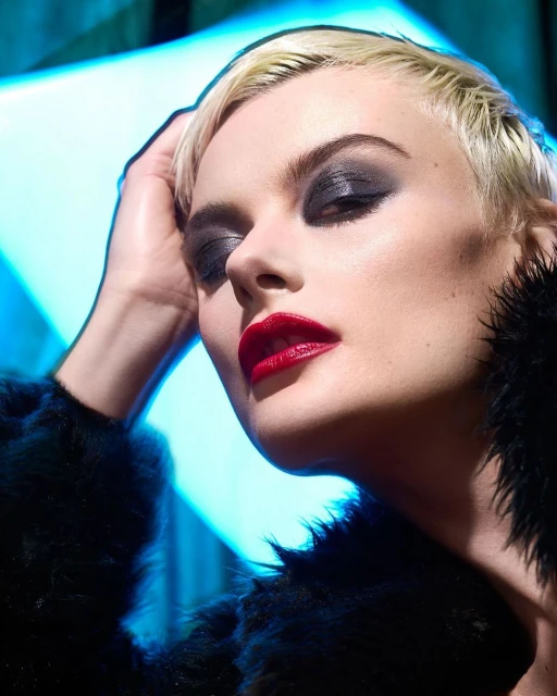 Close-up of a woman with blonde hair, dark eyeshadow, and red lipstick, wearing a black fur coat against a bright blue background.