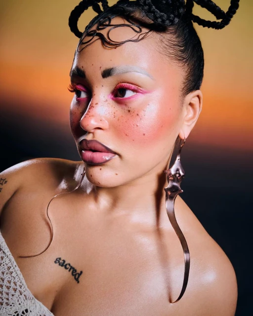 Close-up portrait of a woman with braided hair in an updo, dramatic pink and white makeup, statement earrings, and a ‘sacred’ tattoo.