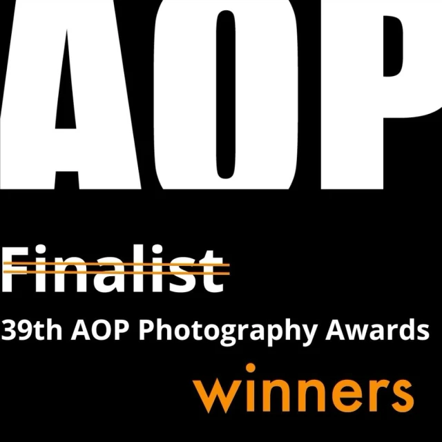 AOP Photography Awards promotional image with white and orange text on a black background announcing finalist winners.