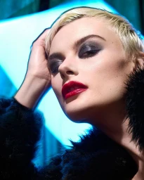 Close-up portrait of a woman with short blonde hair, dark smokey eye makeup, and bright red lipstick against a glowing blue and black background.
