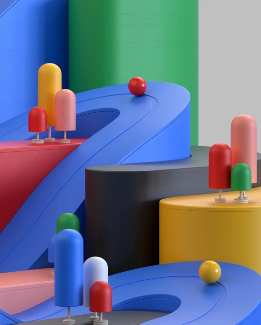 Abstract 3D render featuring colorful geometric shapes and spheres, with blue platforms and a gray background.
