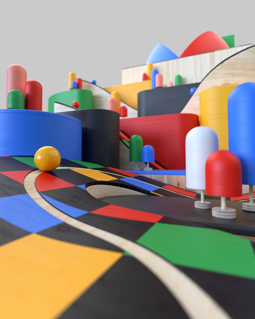 Abstract geometric landscape with colorful wooden shapes, checkered platform, and a yellow ball, rendered in soft lighting.