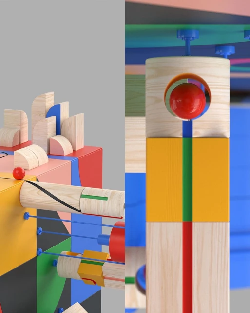 Abstract geometric composition featuring wooden and colorful blocks, cylindrical shapes, and red spheres against a grey backdrop.