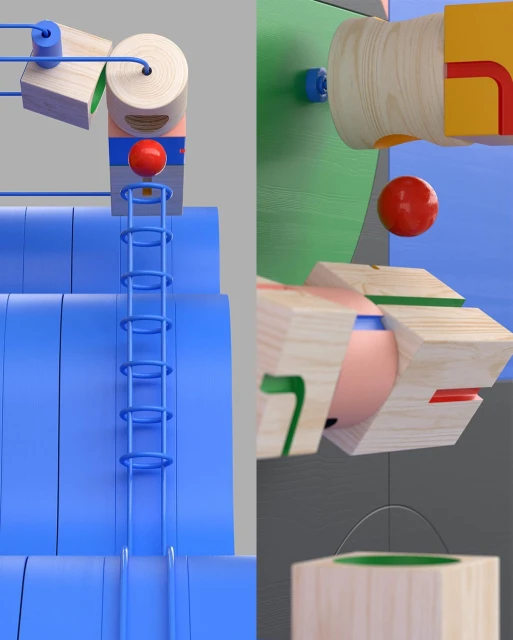 Abstract view of wooden toy model featuring red spheres, blue tracks, green accents, and geometric shapes, showcasing artistic design.