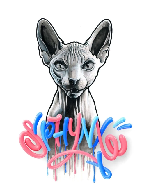 Illustration of a Sphynx cat with dripping blue and pink text, rendered with smooth, airbrush-like shading and a cartoonish style.