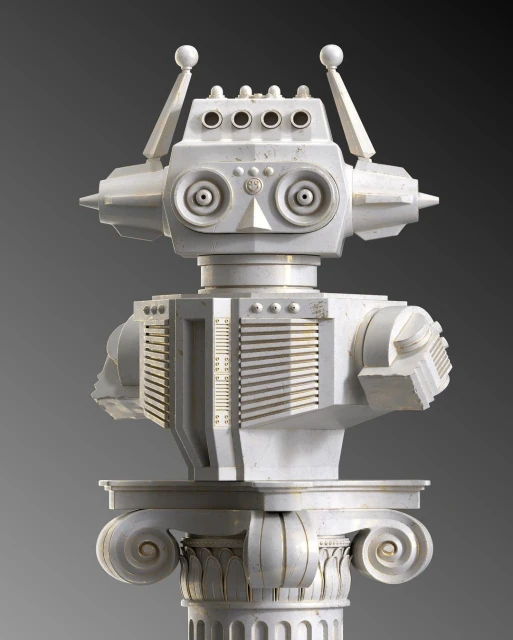 A white robot head with antennae sits on a classical column against a grey backdrop. The robot is geometric with round eye details.