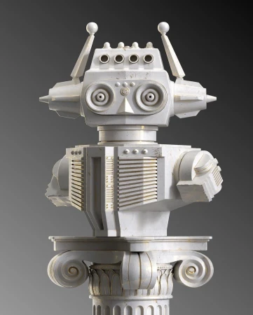 A white robot head with antennae sits on a classical column against a grey backdrop. The robot is geometric with round eye details.