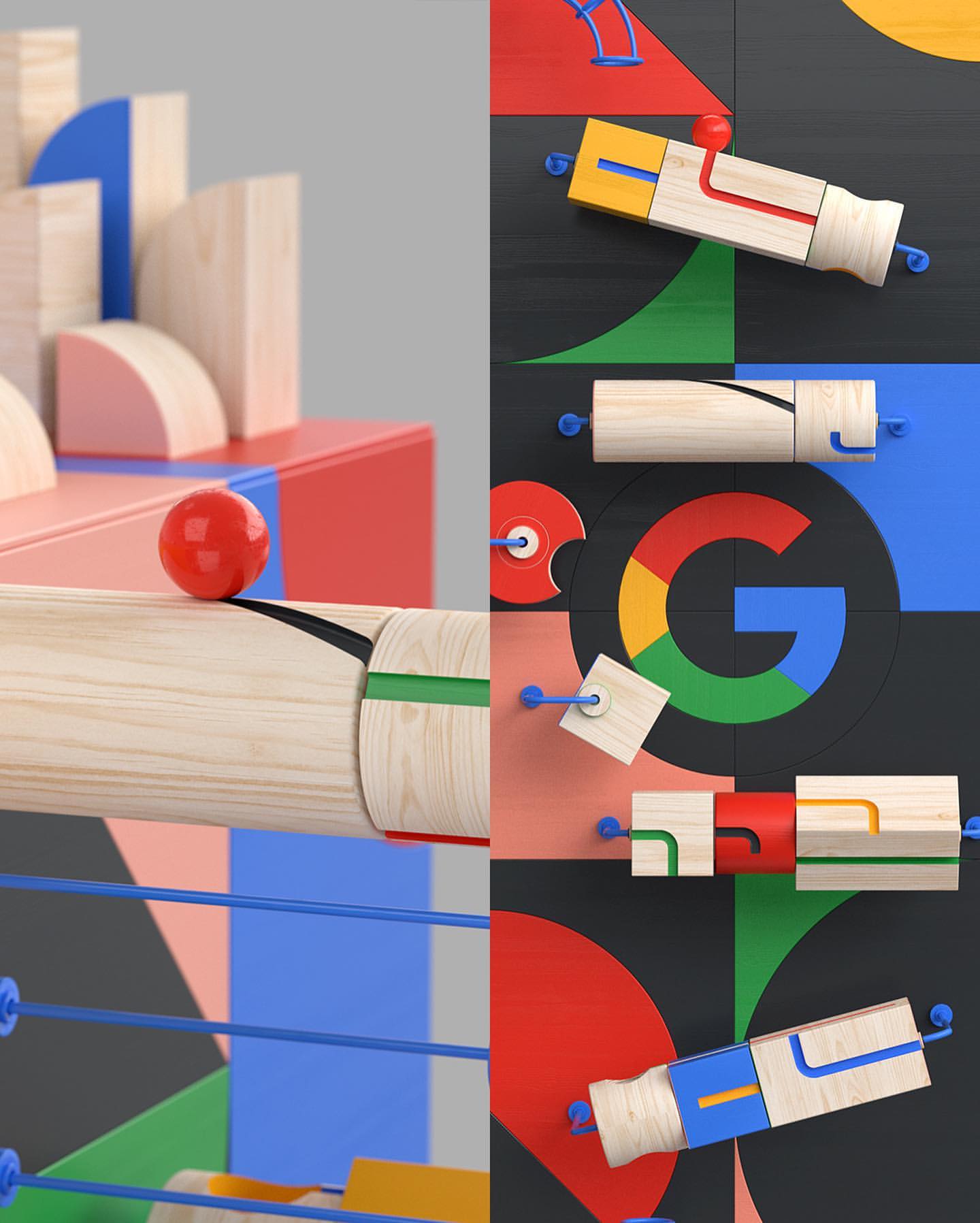 Colorful geometric shapes and wooden blocks are arranged into an abstract Google logo and building blocks for a playful visual.