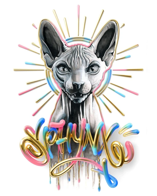 Illustration of a Sphynx cat with a painted face, surrounded by radiating lines of color and a script text overlay on a white background.
