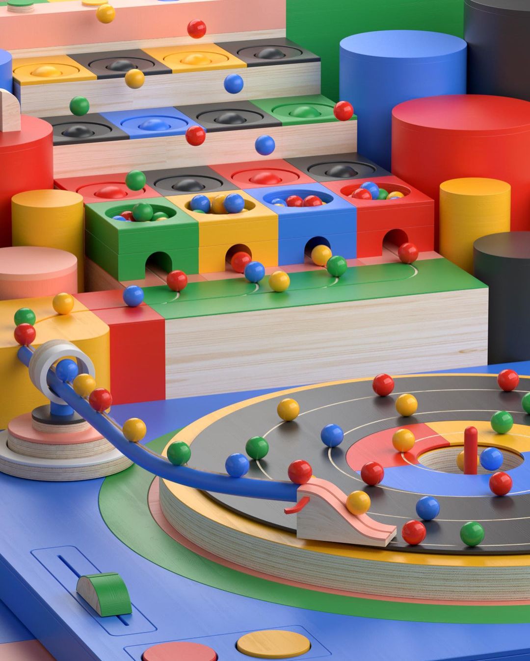Artistic rendering of a whimsical toy setup with colorful spheres and geometric shapes, reminiscent of a playful, abstract machine.