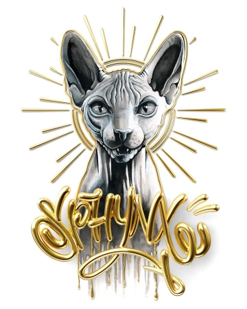 Illustration of a white and grey sphynx cat with gold accents and lettering on a white background. Close-up shot of the cat portrait.