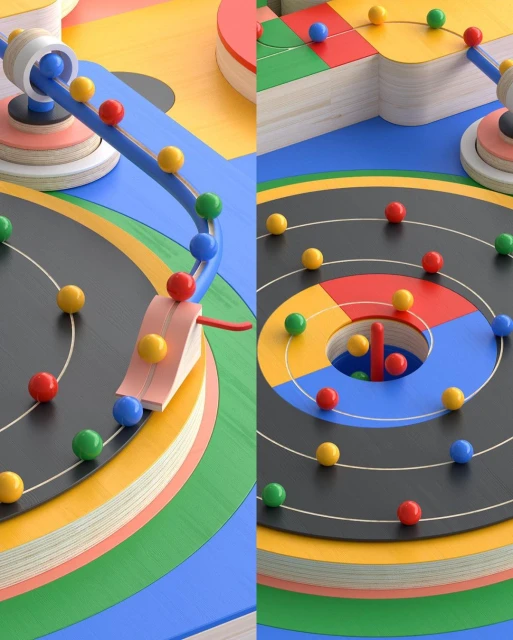 Abstract geometric art rendering of a multi-tiered architectural pinball machine structure with spheres. Colorful minimalist design.