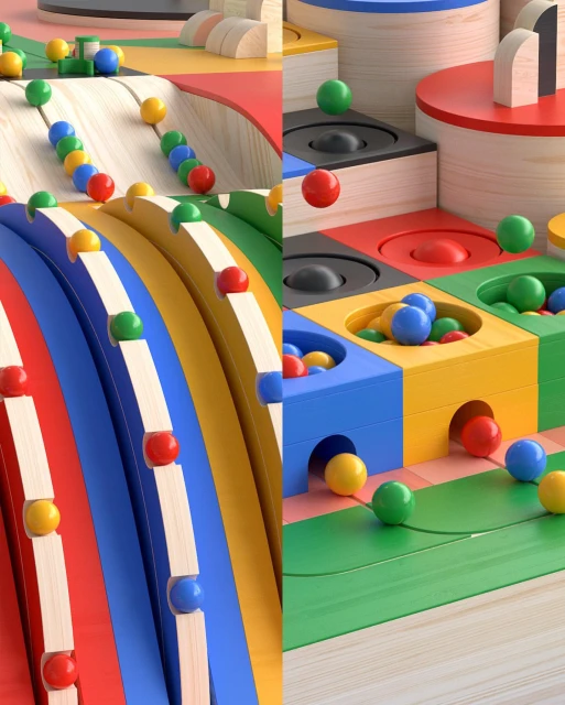 Colorful wooden toy track with spheres, featuring a marble run-style structure, blocky design, and vibrant primary colors.