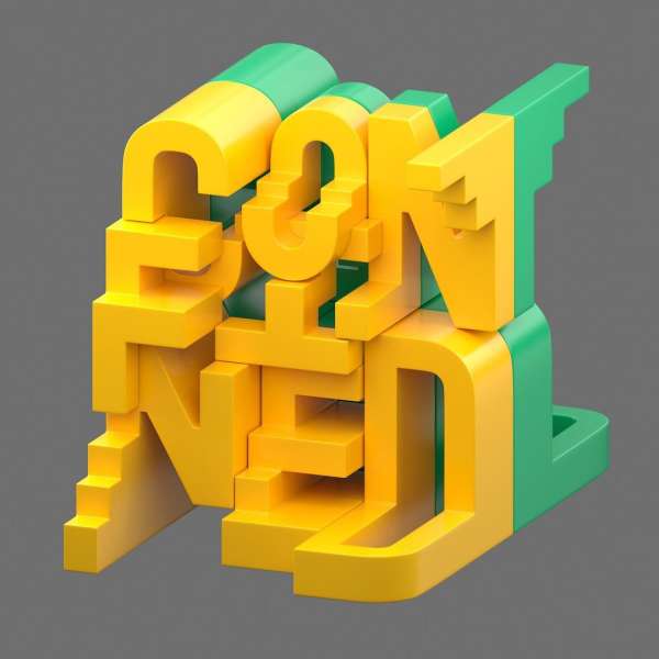 Stylized 3D text art with yellow letters and green accents on a grey background creates a playful, modern typographic design.
