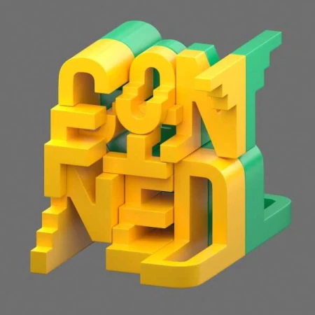 Stylized 3D text art with yellow letters and green accents on a grey background creates a playful, modern typographic design.