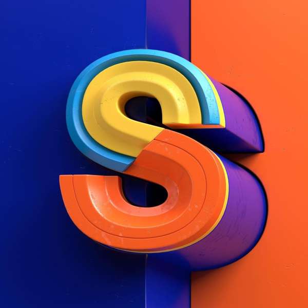 Abstract layered letter S artfully designed with vibrant orange, yellow, light blue, and purple hues against a split background.