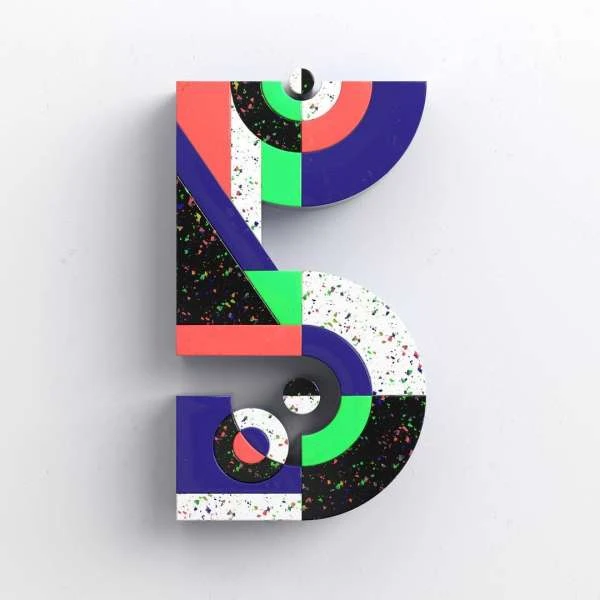 Geometric numeral five (5) art piece. Modern graphic design of layered shapes in blue, green, red, white, and black on white surface.