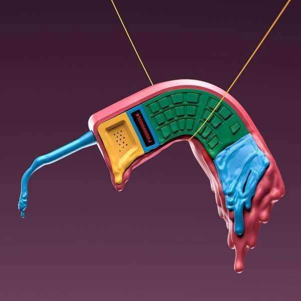 Whimsical digital art rendering a melting landline phone in vibrant pink, blue, green, and yellow tones against a solid purple backdrop.