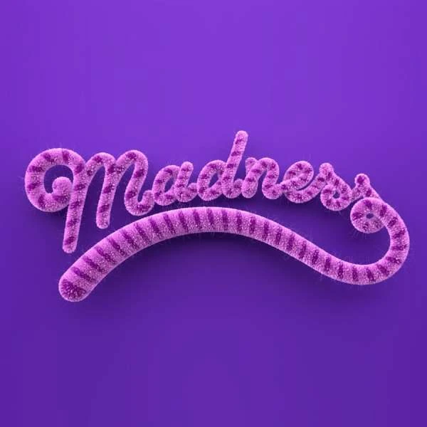 Purple background with a pink fuzzy 'Madness' script. Textured 3D render of the word art against a solid color backdrop.