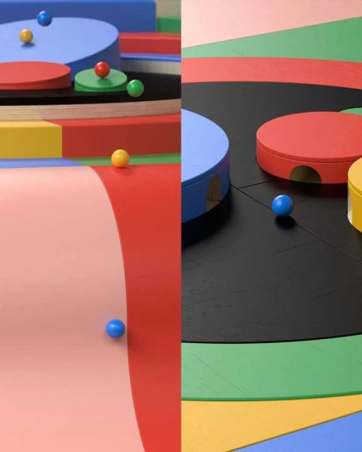 Abstract geometric composition features spheres and colorful platforms in blue, red, yellow, green, and pink hues.
