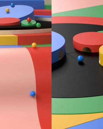 Abstract geometric composition features spheres and colorful platforms in blue, red, yellow, green, and pink hues.