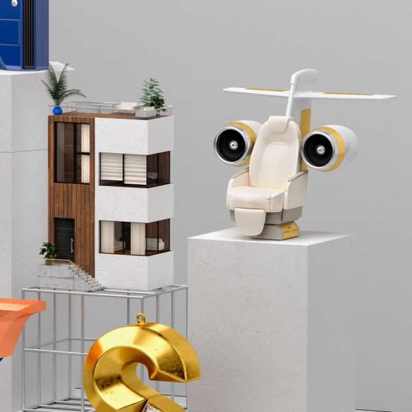 Architectural miniatures of a modern house and airplane-seat chair sculpture displayed on white pedestals in a neutral, digitally-rendered studio setting.