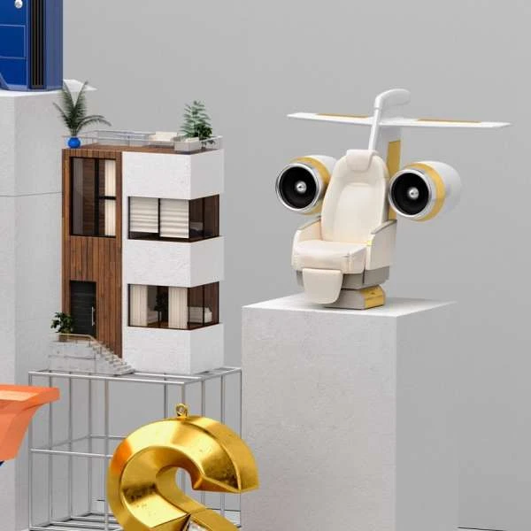 Architectural miniatures of a modern house and airplane-seat chair sculpture displayed on white pedestals in a neutral, digitally-rendered studio setting.