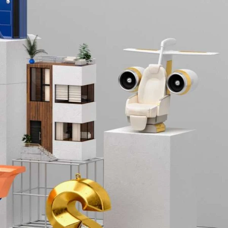 Architectural miniatures of a modern house and airplane-seat chair sculpture displayed on white pedestals in a neutral, digitally-rendered studio setting.