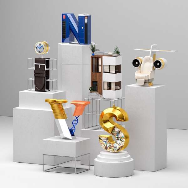 Conceptual image featuring 3D letters 'N', 'V', and 'S', along with symbolic objects like a house, watch, jet engine, and coins, displayed on white platforms.
