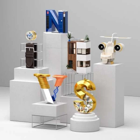 Conceptual image featuring 3D letters 'N', 'V', and 'S', along with symbolic objects like a house, watch, jet engine, and coins, displayed on white platforms.