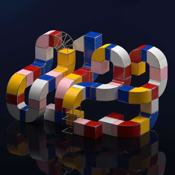 Abstract colorful geometric artwork featuring interlocking tubes in red, pink, yellow, blue, and white on a dark reflective surface.