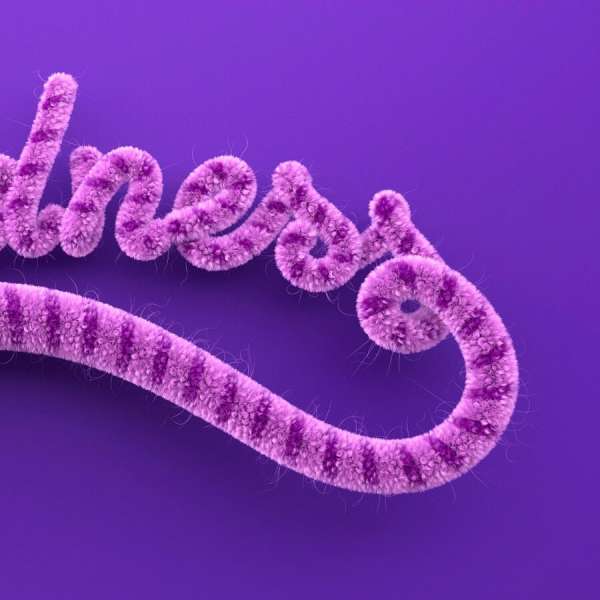 Striped purple yarn forms the word 'kindness' on a purple background, creating a soft, textured, and visually appealing composition.