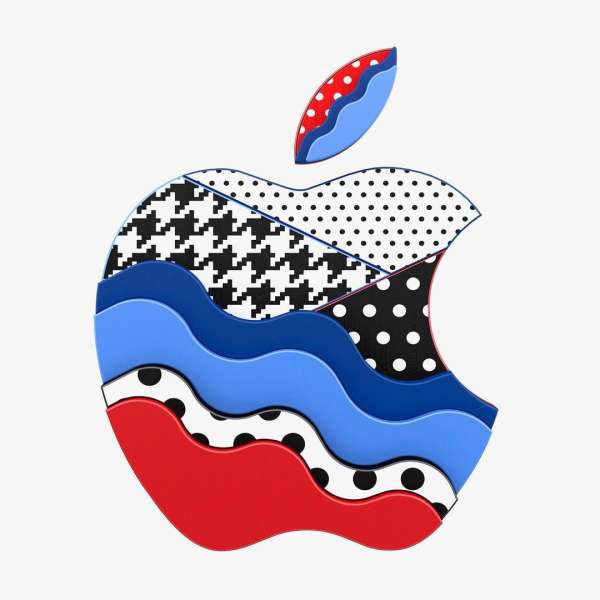Artistic rendering of an Apple logo featuring houndstooth, polka dot, and striped patterns in black, white, blue and red.