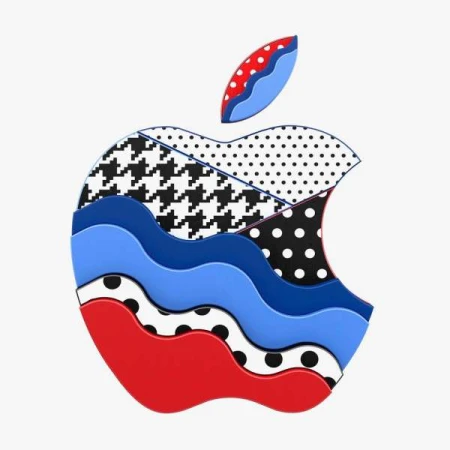 Artistic rendering of an Apple logo featuring houndstooth, polka dot, and striped patterns in black, white, blue and red.