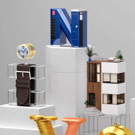 Architectural still life with a blue letter N, scale model house, gold coins and a watch with a brown strap on a white pedestal.
