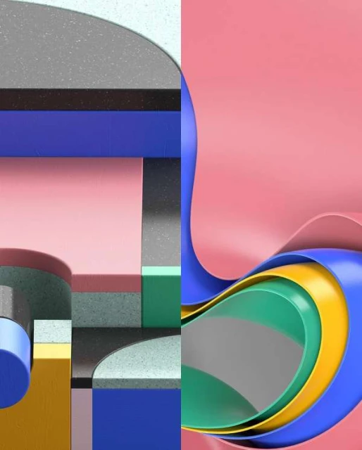 Abstract art featuring geometric shapes and layered textures in shades of pink, blue, green, yellow, grey, and white for a modern, vibrant design.