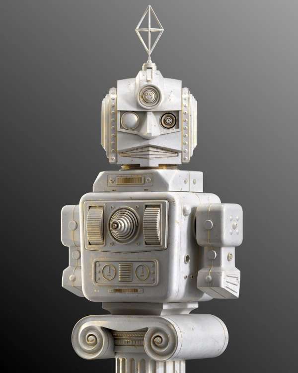Stylized robot sculpture with a vintage, metallic aesthetic atop a neoclassical column against a dark gray background.