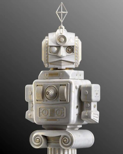 Stylized robot sculpture with a vintage, metallic aesthetic atop a neoclassical column against a dark gray background.