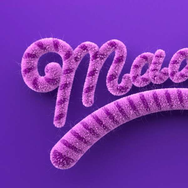 Purple fluffy textured text art on a solid purple background. The text features lighter purple stripes, creating a visually appealing design.