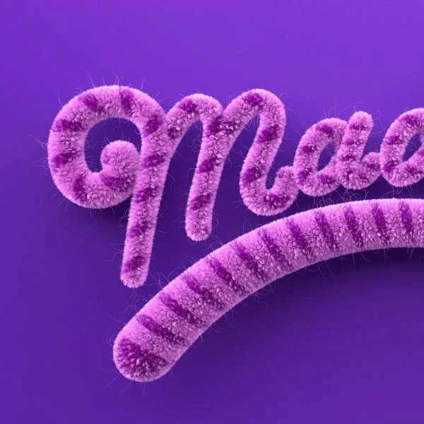 Purple fluffy textured text art on a solid purple background. The text features lighter purple stripes, creating a visually appealing design.
