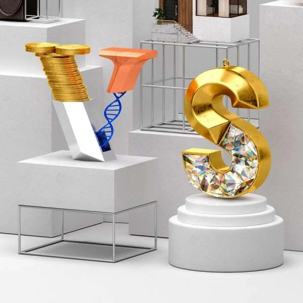 Abstract illustration with golden coin stack forming the letter V, faceted letter S with crystal inlay, and a 3D rendered letter T.