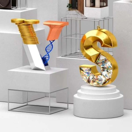 Abstract illustration with golden coin stack forming the letter V, faceted letter S with crystal inlay, and a 3D rendered letter T.