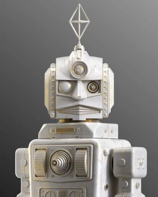 Close-up of a toy robot with a white, weathered finish and antenna against a gray background, showcasing its vintage design.